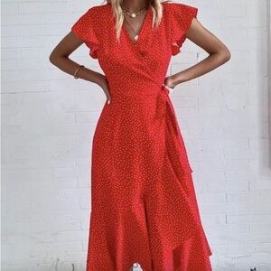 Elegant Red Polka Dot Midi Dress
